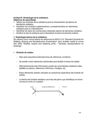 64
Unidad IV. Simbología de la soldadura
Objetivos de aprendizaje
 Utilizar los símbolos de la soldadura para la interpretación de planos de
elementos soldados.
 Identificar los símbolos suplementarios y complementarios en elementos
soldados para su interpretación.
 Identificar los tipos de uniones para interpretar planos de elementos soldados.
 Identificar los tipos de soldaduras para la interpretación de planos de elementos soldados
1. Simbología básica de la soldadura
Se utilizará como norma básica de referencia la AWS A 2.4 “Standard Symbols for
Welding, Brazing and Nondestructive Examination” pero también existe la norma
ISO 2553 “Welded, brazed and soldering joints – Symbolic representations on
drawings”.
 Símbolo de soldeo
 Solo será requerida la llamada línea de referencia y la flecha.
 Se podrán incluir elementos adicionales para facilitar la tarea de soldeo.
 Alternativamente esta información puede ser suministrada mediante notas,
detalles en planos, referencia a Normas y Códigos, etc.
 Estos elementos estarán ubicados en posiciones específicas del símbolo de
soldeo.
 La flecha del símbolo señalara una línea del plano que identifique en forma
univoca la unión en cuestión.
 