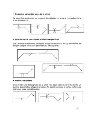 69
 Soldadura por ambos lados de la unión
Se especificaran situando los símbolos de soldadura por encima y por debajode la
línea de referencia.
 Orientación de símbolos de soldadura específicos
Los símbolos de soldadura en ángulo, a tope con bisel en J, en K y en esquina, se
dibujan siempre con el lado perpendicular a la izquierda.
 Flecha con quiebre
Cuando solo una de las piezas de la unión va a estar biselada, la flecha tendrá un
quiebre que señalara a la parte a biselar. No estará quebrada si no hay preferencia
sobre que pieza estará biselada.
 