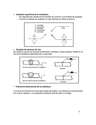 73
 Acabado superficial de la soldadura
 Se especificaran añadiendo el símbolo de contorno y el símbolo de acabado.
 Cuando el método de acabado no está definido se utiliza la letra U.
 Símbolo de refuerzo de raíz
Se utilizara cuando se requiera penetración completa y sobre espesor visible en la
raíz de la soldadura efectuada de un solo lado.
 Tolerancia dimensional de la soldadura
La misma se indicara en la cola del símbolo de soldeo, con referencia a la dimensión
a la cual se aplique, o se especifica mediante nota de plano o Código.
 
