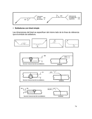 74
 Soldaduras con bisel simple
Las dimensiones del bisel se especifican del mismo lado de la línea de referencia
que el símbolo de soldadura.
 