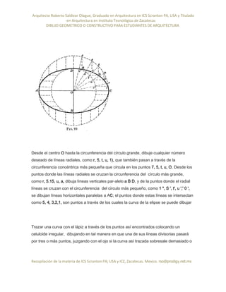 Arquitecto Roberto Saldivar Olague, Graduado en Arquitectura en ICS Scranton PA, USA y Titulado
-en Arquitectura en Instituto Tecnológico de Zacatecas
DIBUJO GEOMETRICO O CONSTRUCTIVO PARA ESTUDIANTES DE ARQUITECTURA
Recopilación de la materia de ICS Scranton PA; USA y ICZ, Zacatecas. Mexico. rso@prodigy.net.mx
Desde el centro O hasta la circunferencia del círculo grande, dibuje cualquier número
deseado de líneas radiales, como r, 5, t, u, 1), que también pasan a través de la
circunferencia concéntrica más pequeña que circula en los puntos 7, 5, t, u, O. Desde los
puntos donde las líneas radiales se cruzan la circunferencia del círculo más grande,
como r, 5.15, u, a, dibuja líneas verticales par-alelo a B D, y de la puntos donde el radial
líneas se cruzan con el circunferencia del circulo más pequeño, como 1 ", S ', t', u ',' 0 ',
se dibujan líneas horizontales paralelas a AC; el puntos donde estas líneas se intersectan
como 5, 4, 3,2,1, son puntos a través de los cuales la curva de la elipse se puede dibujar
Trazar una curva con el lápiz a través de los puntos así encontrados colocando un
celuloide irregular, dibujando en tal manera en que una de sus líneas divisorias pasará
por tres o más puntos, juzgando con el ojo si la curva así trazada sobresale demasiado o
 