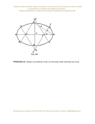 Arquitecto Roberto Saldivar Olague, Graduado en Arquitectura en ICS Scranton PA, USA y Titulado
-en Arquitectura en Instituto Tecnológico de Zacatecas
DIBUJO GEOMETRICO O CONSTRUCTIVO PARA ESTUDIANTES DE ARQUITECTURA
Recopilación de la materia de ICS Scranton PA; USA y ICZ, Zacatecas. Mexico. rso@prodigy.net.mx
PROBLEMA 25.- Dibujar una parábola, el eje y el más largo doble ordenada que se da.
 