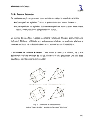 Módulo Práctico Dibujo I
113
U.N.E.F.M
7.2.2.- Cuerpos Redondos
Se subdividen según su generatriz cuyo movimiento produjo la superficie del sólido.
A) Con superficies regladas: Cuando la generatriz movida es una línea recta.
B) Con superficies no regladas: Sobre estas superficies no se pueden trazar líneas
rectas, están producidas por generatrices curvas.
Un ejemplo de superficies regladas son el cono y el cilindro (Cuerpos geométricamente
definidos). El Cono y el Cilindro son rectos cuando el eje es perpendicular a la base y
pasa por su centro y son de revolución cuando su base es una circunferencia.
- Visibilidad de Sólidos Radiales: Tales como el cono y el cilindro, se puede
determinar según la dirección de su eje, viéndose en una proyección una sola base
aquella que es más cercana al observador.
Fig. 15. - Visibilidad de sólidos radiales
Fuente: Osers H. (1982). “Estudio de Geometría descriptiva”
 