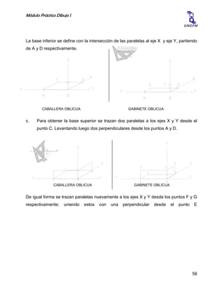 Módulo Práctico Dibujo I
56
U.N.E.F.M
La base inferior se define con la intersección de las paralelas al eje X y eje Y, partiendo
de A y D respectivamente.
CABALLERA OBLICUA GABINETE OBLICUA
c. Para obtener la base superior se trazan dos paralelas a los ejes X y Y desde el
punto C. Levantando luego dos perpendiculares desde los puntos A y D.
CABALLERA OBLICUA GABINETE OBLICUA
De igual forma se trazan paralelas nuevamente a los ejes X y Y desde los puntos F y G
respectivamente; uniendo estos con una perpendicular desde el punto E
 