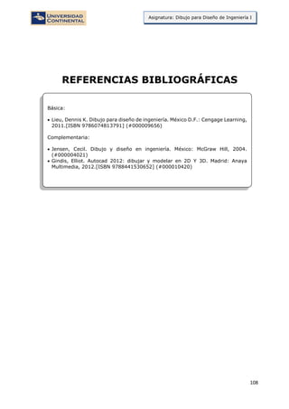 108
Asignatura: Dibujo para Diseño de Ingeniería I
REFERENCIAS BIBLIOGRÁFICAS
Básica:
 Lieu, Dennis K. Dibujo para diseño de ingeniería. México D.F.: Cengage Learning,
2011.[ISBN 9786074813791] (#000009656)
Complementaria:
 Jensen, Cecil. Dibujo y diseño en ingeniería. México: McGraw Hill, 2004.
(#000004021)
 Gindis, Elliot. Autocad 2012: dibujar y modelar en 2D Y 3D. Madrid: Anaya
Multimedia, 2012.[ISBN 9788441530652] (#000010420)
 