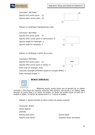 25
Asignatura: Dibujo para Diseño de Ingeniería I
Command: RECTANG
Specify first corner point: P1
Specify other corner point: P2
Dibujar un rectángulo ingresando las cotas
Command: RECTANG
Specify first corner point: P1
Specify other corner point or [Dimension]: D
Specify length for rectangle: X
Specify width for rectangle: Y
Dibujar un rectángulo a partir de su área
Command: RECTANG
Specify first corner point: P1
Specify other corner point or [Area]: A
Enter area of rectangle: Area
Calculate rectangle dimension based on [Length Width]: L
Enter rectangle length: X
SCALE (ESCALA)
Mediante escala, puede hacer que el tamaño de un objeto
aumente o disminuya de manera uniforme. Para atribuir una escala a un objeto, debe
precisar un punto base y un factor de escala. Un factor de escala mayor al valor de 1
amplía el objeto. Un factor de escala entre 0 y 1 reduce el objeto.
Método 1. Ajustar tamaño en base a factor de escala conocido:
Command: SCALE
Select objects:
(ENTER)
Specify base point: (punto base)
Specify scale factor: (ingresar factor de escala)
 