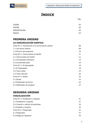 4
Asignatura: Dibujo para Diseño de Ingeniería I
ÍNDICE
Pág.
VISIÓN 02
MISIÓN 02
PRESENTACIÓN 03
ÍNDICE 04
PRIMERA UNIDAD
LA COMUNICACIÓN GRÁFICA
Tema Nº 1: Introducción a la comunicación gráfica 08
1.1 Una breve historia 08
1.2 Entorno del programa 10
Tema Nº 2: Instrumentos de diseño 11
2.1 Instrumentos de diseño 11
2.2 Coordenada cartesiana 13
2.3 Coordenada polar 15
Tema N° 3: El bosquejado 19
3.1 El bosquejado 19
3.2 Trazo radial 19
3.3 Trazo reticular 20
Tema N° 4: Escala 23
4.1 Escala 23
4.2 Modificador de forma 24
4.3 Modificador de longitud 27
SEGUNDA UNIDAD
VISUALIZACIÓN
Tema N° 5: Paralelismo y ángulos 31
5.1 Paralelismo y ángulos 31
5.2 Creación y edición de polilíneas 33
5.3 Paralela y simetría 34
Tema N° 6: Poligonales 37
6.1 Poligonales 37
6.2 Polígonos regulares 45
 
