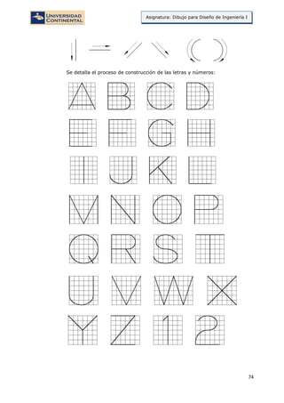 74
Asignatura: Dibujo para Diseño de Ingeniería I
Se detalla el proceso de construcción de las letras y números:
 
