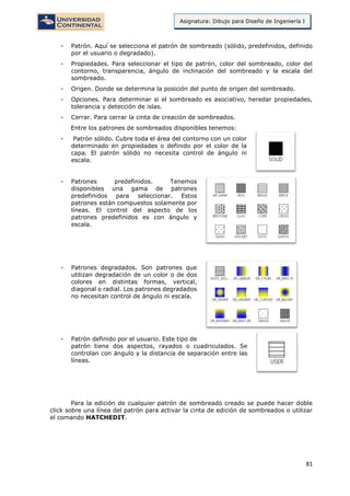 81
Asignatura: Dibujo para Diseño de Ingeniería I
- Patrón. Aquí se selecciona el patrón de sombreado (sólido, predefinidos, definido
por el usuario o degradado).
- Propiedades. Para seleccionar el tipo de patrón, color del sombreado, color del
contorno, transparencia, ángulo de inclinación del sombreado y la escala del
sombreado.
- Origen. Donde se determina la posición del punto de origen del sombreado.
- Opciones. Para determinar si el sombreado es asociativo, heredar propiedades,
tolerancia y detección de islas.
- Cerrar. Para cerrar la cinta de creación de sombreados.
Entre los patrones de sombreados disponibles tenemos:
- Patrón sólido. Cubre toda el área del contorno con un color
determinado en propiedades o definido por el color de la
capa. El patrón sólido no necesita control de ángulo ni
escala.
- Patrones predefinidos. Tenemos
disponibles una gama de patrones
predefinidos para seleccionar. Estos
patrones están compuestos solamente por
líneas. El control del aspecto de los
patrones predefinidos es con ángulo y
escala.
- Patrones degradados. Son patrones que
utilizan degradación de un color o de dos
colores en distintas formas, vertical,
diagonal o radial. Los patrones degradados
no necesitan control de ángulo ni escala.
- Patrón definido por el usuario. Este tipo de
patrón tiene dos aspectos, rayados o cuadriculados. Se
controlan con ángulo y la distancia de separación entre las
líneas.
Para la edición de cualquier patrón de sombreado creado se puede hacer doble
click sobre una línea del patrón para activar la cinta de edición de sombreados o utilizar
el comando HATCHEDIT.
 