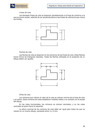 89
Asignatura: Dibujo para Diseño de Ingeniería I
Líneas de cota
Las llamadas líneas de cota se disponen paralelamente a la línea de contorno a la
que se quiere acotar, además de ser perpendiculares a las líneas de referencia que marca
los límites.
Flechas de cota
Las flechas de cota se disponen en los extremos de las líneas de cota. Estas flechas
tienen forma de triángulos isósceles. Todas las flechas utilizadas en la acotación de un
dibujo deben ser iguales.
Cifras de cota
Los números que indican el valor de la cota se colocan encima de la línea de cota
y al centro. Estos números de cotas establecen medidas reales y no variarán con la escala
del dibujo.
En las cotas horizontales, los números se colocan centrados, y en las cotas
verticales se giran hacia la izquierda.
La altura nominal de los números de cota debe ser igual para todos los que se
rotulen en un mismo dibujo, oscilando entre 3 y 4 mm.
 