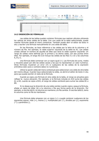 99
Asignatura: Dibujo para Diseño de Ingeniería I
14.3 INSERCIÓN DE FÓRMULAS
Las celdas de las tablas pueden contener fórmulas que realizan cálculos utilizando
los valores de otras celdas de la tabla. Con una celda de la tabla seleccionada, puede
insertar fórmulas desde el menú contextual. También puede abrir el editor de texto in
situ y escribir una fórmula manualmente en una celda de tabla.
En las fórmulas, se hace referencia a las celdas por la letra de la columna y el
número de fila. Por ejemplo, la celda superior izquierda de la tabla es A1. Las celdas
unidas utilizan el número de aquella de ellas que sería la celda superior izquierda. Un
rango de celdas viene definido por la primera y la última celda, con dos puntos entre
ellas. Por ejemplo, el rango A5:C10 incluye las celdas de las filas 5 a 10 y las columnas
A, B y C.
Una fórmula debe comenzar con un signo igual (=). Las fórmulas de suma, media
y recuento pasan por alto las celdas vacías y las que no representan un valor numérico.
Otras fórmulas muestran un error (#) si cualquiera de las celdas de la expresión
aritmética está vacía o contiene datos no numéricos.
Utilice la opción celda del menú contextual para seleccionar una celda de otra tabla
del mismo dibujo. Cuando haya seleccionado la celda, se abrirá el editor de texto in situ
para que pueda escribir el resto de la fórmula.
Cuando se copia una fórmula en otra celda de la tabla, el rango se actualiza para
reflejar la nueva ubicación. Por ejemplo, si la fórmula incluida en A10 suma las celdas
A1 a A9, cuando se copia a B10, el rango de celdas cambiará para sumar las celdas B1 a
B9.
Si no desea que la dirección de una celda cambie cuando copia y peque la fórmula,
añada un signo de dólar ($) a la columna o fila que forma parte de la dirección. Por
ejemplo, si escribe $A10, la columna se mantiene y la fila cambia. Si escribe $A$10, tanto
la columna como la fila se mantienen.
Una fórmula debe empezar con un signo (=) y puede contener cualquiera de los
siguientes signos: más (+), menos (-), multiplicado por (*), dividido por (/), exponente
(^) y paréntesis ().
 