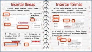 1.- Activar “Menú Insertar”, opción “Línea” y
seleccionamos “Conector angular”.
2.- Dibujamos el
conector, desde el
cuadro de texto.
3.- Realizamos el
mismo procedimiento
para insertar flechas
1.- Activar “Menú Insertar”, opción “Forma”, en
la clasificación Formas, seleccionamos
Rectángulo redondo (o la que nos convenga).
O, herramienta
“seleccionar
línea”
2.- O, desde B. Herramientas: “Ícono Forma”,
opción Formas, seleccionar Rectángulo redondo
(o la forma que convenga)
 