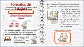 La imagen debe estar seleccionada para que se
active la Barra de herramientas de edición
1.- “Recortar imagen”: activa Menú Formato,
Opción Imagen, selecciona Recortar imagen. O,
1.2.- Barra herramientas, Ícono Recortar imagen
1.4.- Utilizando el cursor ajustamos el tamaño de
la imagen, para recortar lo que no deseamos de
ella
6.- Una vez ajustada el
área de la imagen que
queremos dejar, podemos
quitar lo que no
deseamos, de 2 maneras:
a.- Hacer clic sobre el ícono
Recortar imagen (está en
azul)
b.- Hacer doble clic fuera del
área de la imagen
Ejemplo de la imagen recortada
1.3.- El contorno de la
imagen cambiará su
característica (línea
negra adicional)
 
