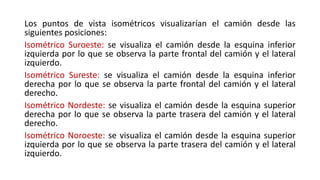 Los puntos de vista isométricos visualizarían el camión desde las
siguientes posiciones:
Isométrico Suroeste: se visualiza el camión desde la esquina inferior
izquierda por lo que se observa la parte frontal del camión y el lateral
izquierdo.
Isométrico Sureste: se visualiza el camión desde la esquina inferior
derecha por lo que se observa la parte frontal del camión y el lateral
derecho.
Isométrico Nordeste: se visualiza el camión desde la esquina superior
derecha por lo que se observa la parte trasera del camión y el lateral
derecho.
Isométrico Noroeste: se visualiza el camión desde la esquina superior
izquierda por lo que se observa la parte trasera del camión y el lateral
izquierdo.
 