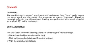 SUMMARY
Definition:
The word isometric means " equal measure" and comes from " isos " prefix means
the same word and the metric that expresses or means "measure". Therefore
isometric refers to one -dimensional drawing was performed with axes inclined at
an angle of 30 ° to the horizontal .
CHARACTERISTICS:
For the classic isometric drawing there are three ways of representing it
• Normal method (as seen from the top)
• Method invested axis (viewed from the bottom)
• With the main horizontal axis.
 
