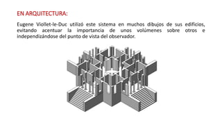 EN ARQUITECTURA:
Eugene Viollet-le-Duc utilizó este sistema en muchos dibujos de sus edificios,
evitando acentuar la importancia de unos volúmenes sobre otros e
independizándose del punto de vista del observador.
 