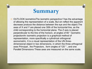 Summary
O OUTLOOK isometricsThe isometric perspective f has the advantage
of allowing the representation of a scale, But sin reflect the apparent
decrease produce the distance between the eye and the object.The
axes of X and Y are placed one 30th of the horizontal line, as the
child corresponding to the horizontal plane. The Z axis is placed
perpendicular to the line of the horizon, at angles of 60 °.Isometric
projectionAn isometric projection is a graphical method of
representation, more specifically a cylindrical orthogonal
axonometric. It is a visual representation of the UN three-
dimensional object in two dimensions, in which the three orthogonal
axes Principal , the Projectors , form angles of 120 ° , and one
Parallel Dimensions These axes are measured on the same scale.
 