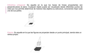 Cilíndrica ortogonal. Es aquella en la que los haces de líneas proyectantes son
perpendiculares al plano. Cualquier objeto puede ser visualizado desde diferentes puntos de
vista que nos permite determinar de manera más objetiva su estructura, conociendo mejor cada
una de sus partes.
Cónica. Es aquella en la que las figuras se proyectan desde un punto principal, siendo éste un
vértice propio.
 