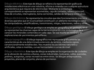 Dibujo eléctrico: Este tipo de dibujo se refiere a la representación gráfica de
instalaciones eléctricas en una industria, oficina o vivienda o en cualquier estructura
arquitectónica que requiera de electricidad. Mediante la simbología
correspondiente se representan acometidas, caja de contador, tablero principal,
línea de circuitos, interruptores, toma corrientes, salidas de lámparas entre otros.
Dibujo electrónico: Se representa los circuitos que dan funcionamiento preciso a
diversos aparatos que en la actualidad constituyen un adelanto tecnológico como
las computadoras, amplificadores, transmisores, relojes, televisores, radios y otros.
Dibujo geológico: El dibujo geológico se emplea en geografía y en geología, en él
se representan las diversas capas de la tierra empleando una simbología y da a
conocer los minerales contenidos en cada capa. Se usa mucho en minería y en
exploraciones de yacimientos petrolíferos.
Dibujo topográfico: El dibujo topográfico nos representa gráficamente las
características de una determinada extensión de terreno, mediante signos
convencionalmente establecidos. Nos muestra los accidentes naturales y
artificiales, cotas o medidas, curvas horizontales o curvas de nivel.
Dibujo urbanístico: Este tipo de dibujo se emplea en la organización de ciudades:
en la ubicación de centros urbanos, zonas industriales, bulevares, calles, avenidas,
jardines, autopistas, zonas recreativas entre otros. Se dibujan anteproyectos,
proyectos, planos de conjunto, planos de pormenor.
 