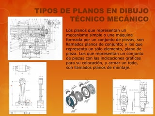 TIPOS DE PLANOS EN DIBUJO
TÉCNICO MECÁNICO
Los planos que representan un
mecanismo simple o una máquina
formada por un conjunto de piezas, son
llamados planos de conjunto; y los que
representa un sólo elemento, plano de
pieza. Los que representan un conjunto
de piezas con las indicaciones gráficas
para su colocación, y armar un todo,
son llamados planos de montaje.

 