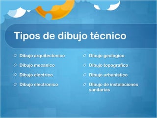 Tipos de dibujo técnicoDibujo arquitectonicoDibujo mecanicoDibujo electricoDibujo electronicoDibujo geologicoDibujo topograficoDibujo urbanisticoDibujo de instalaciones sanitarias