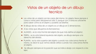 Vistas de un objeto de un dibujo
tecnico
 Las vistas de un objeto son las caras del mismo. Un objeto tiene siempre 6
caras o vistas pero dibujaremos sólo 3, porque con 3 vistas es suficiente
para saber cómo es el objeto y poderlo así diseñar.
 El dibujo de las vistas de un objeto es un dibujo en 2 dimensiones.
 A las vistas que dibujamos le llamaremos:
 ALZADO.- es la vista frontal del objeto (la que más define el objeto)
 PERFIL.- es la vista lateral izquierda del objeto, se dibuja siempre a la
derecha del alzado.
 PLANTA.- es la vista superior del objeto cuando nos colocamos frente al
mismo, es decir lo que vemos desde arriba cuando nos colocamos frente
al objeto.
 Se dibujan siempre en la posición que se indica abajo con respecto a los
ejes:
 