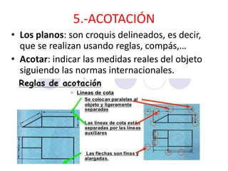5.-ACOTACIÓN
• Los planos: son croquis delineados, es decir,
que se realizan usando reglas, compás,…
• Acotar: indicar las medidas reales del objeto
siguiendo las normas internacionales.
 