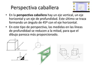 Perspectiva caballera
• En la perspectiva caballera hay un eje vertical, un eje
horizontal y un eje de profundidad. Este último se traza
formando un ángulo de 45º con el eje horizontal.
• En este tipo de perspectiva, las medidas en las líneas
de profundidad se reducen a la mitad, para que el
dibujo parezca más proporcionado.
 