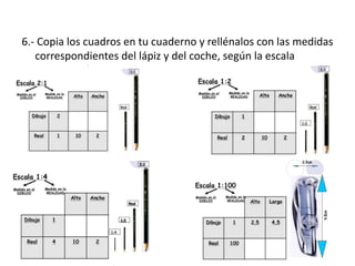 6.- Copia los cuadros en tu cuaderno y rellénalos con las medidas
correspondientes del lápiz y del coche, según la escala
correspondiente.
 