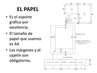 EL PAPEL
• Es el soporte
gráfico por
excelencia.
• El tamaño de
papel que usamos
es A4.
• Los márgenes y el
cajetín son
obligatorios.
 