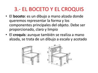 3.- EL BOCETO Y EL CROQUIS
• El boceto: es un dibujo a mano alzada donde
queremos representar la forma y los
componentes principales del objeto. Debe ser
proporcionado, claro y limpio
• El croquis: aunque también se realiza a mano
alzada, se trata de un dibujo a escala y acotado
 