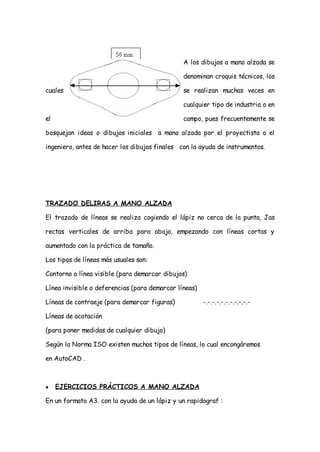 A los dibujos a mano alzada se

                                               denominan croquis técnicos, los

cuales                                         se realizan muchas veces en

                                               cualquier tipo de industria o en

el                                             campo, pues frecuentemente se

bosquejan ideas o dibujos iniciales a mano alzada por el proyectista o el

ingeniero, antes de hacer los dibujos finales con la ayuda de instrumentos.




TRAZADO DELIRAS A MANO ALZADA

El trazado de líneas se realiza cogiendo el lápiz no cerca de la punta, Jas

rectas verticales de arriba para abajo, empezando con líneas cortas y

aumentado con la práctica de tamaño.

Los tipos de líneas más usuales son:

Contorno o línea visible (para demarcar dibujos)

Línea invisible o deferencias (para demarcar líneas)

Líneas de contraeje (para demarcar figuras)            -.-.-.-.-.-.-.-.-.-.-

Líneas de acotación

(para poner medidas de cualquier dibujo)

Según la Norma ISO existen muchos tipos de líneas, lo cual encongáremos

en AutoCAD .



●    EJERCICIOS PRÁCTICOS A MANO ALZADA

En un formato A3. con la ayuda de un lápiz y un rapidograf :
 