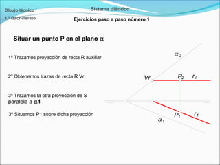 Dibujo técnico
1.º Bachillerato
Situar un punto P en el plano α
Sistema diédrico
Ejercicios paso a paso número 1
P1
P2
r1
r2
1
2
Vr
1º Trazamos proyección de recta R auxiliar
2º Obtenemos trazas de recta R Vr
3º Trazamos la otra proyección de S
paralela a α1
3º Situamos P1 sobre dicha proyección
 