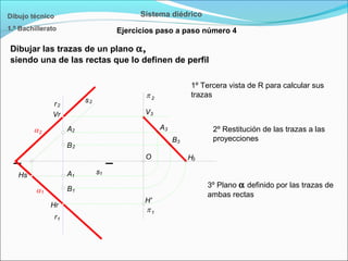 Dibujo técnico
1.º Bachillerato
Sistema diédrico
Ejercicios paso a paso número 4
Dibujar las trazas de un plano α,
siendo una de las rectas que lo definen de perfil
1º Tercera vista de R para calcular sus
trazas
2º Restitución de las trazas a las
proyecciones
3º Plano α definido por las trazas de
ambas rectas
2s
1s
2A
B2
A1
B1
r1
r2
1
2
O
A3
B3
V3
H3
H'
Vr
Hr
Hs
2
1
 