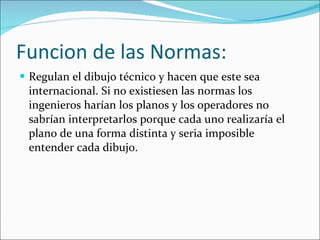 Funcion de las Normas: Regulan el dibujo técnico y hacen que este sea internacional. Si no existiesen las normas los ingenieros harían los planos y los operadores no sabrían interpretarlos porque cada uno realizaría el plano de una forma distinta y seria imposible entender cada dibujo. 