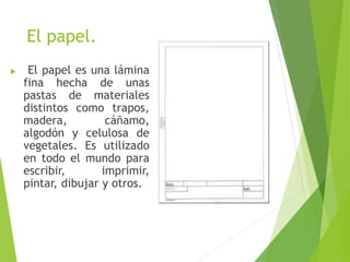 El papel.
 El papel es una lámina
fina hecha de unas
pastas de materiales
distintos como trapos,
madera, cáñamo,
algodón y celulosa de
vegetales. Es utilizado
en todo el mundo para
escribir, imprimir,
pintar, dibujar y otros.
 