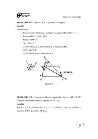 DIBUJO DE INGENIERÍA
99
PROBLEMA N°7.- Dados A, B, b – c construir el triángulo
Solución
Procedimiento:
o Tomamos sobre BX (cualq.) un ángulo A, luego medimos BP = b – c
o Tomamos BPY = (180 – A) / 2
o Además ZBQ = B
o PY ∩ BQ = C
o Si conocemos A y B, conocemos C y lo medimos sobre
BQ.C=180-(A+B)
o El lado de éste ángulo corta a BZ en A
Figura 3.46
PROBLEMA N°8.- Construir un triángulo conociendo a=8m; b+c=12m; B=65°.
Describir brevemente el método seguido. Escala 1:100
Solución
Sea BC= a = 8, tomamos BE= b + c = 12, unimos E con C y trazamos la
mediatriz de EC, que corta a BE en A.
 