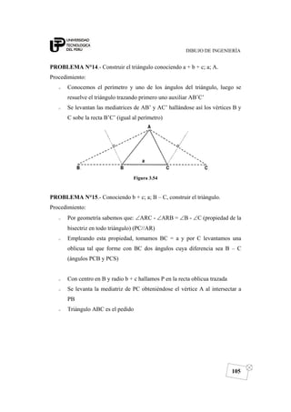 DIBUJO DE INGENIERÍA
105
PROBLEMA N°14.- Construir el triángulo conociendo a + b + c; a; A.
Procedimiento:
o Conocemos el perímetro y uno de los ángulos del triángulo, luego se
resuelve el triángulo trazando primero uno auxiliar AB’C’
o Se levantan las mediatrices de AB’ y AC’ hallándose así los vértices B y
C sobe la recta B’C’ (igual al perímetro)
Figura 3.54
PROBLEMA N°15.- Conociendo b + c; a; B – C, construir el triángulo.
Procedimiento:
o Por geometría sabemos que: ∠ARC - ∠ARB = ∠B - ∠C (propiedad de la
bisectriz en todo triángulo) (PC//AR)
o Empleando esta propiedad, tomamos BC = a y por C levantamos una
oblicua tal que forme con BC dos ángulos cuya diferencia sea B – C
(ángulos PCB y PCS)
o Con centro en B y radio b + c hallamos P en la recta oblicua trazada
o Se levanta la mediatriz de PC obteniéndose el vértice A al intersectar a
PB
o Triángulo ABC es el pedido
 