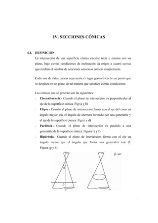 DIBUJO DE INGENIERÍA
107
IV. SECCIONES CÓNICAS
4.1. DEFINICIÓN
La intersección de una superficie cónica circular recta o mantos con un
plano, bajo ciertas condiciones de inclinación da origen a cuatro curvas
que reciben el nombre de secciones cónicas o cónicas simplemente.
Cada una de éstas curvas representa el lugar geométrico de un punto que
se desplaza en un plano de tal manera que satisface ciertas condiciones.
Las cónicas que se generan son las siguientes:
o Circunferencia.- Cuando el plano de intersección es perpendicular al
eje de la superficie cónica. Fig (a y b)
o Elipse.- Cuando el plano de intersección forma con el eje del cono un
ángulo mayor que el ángulo de abertura formado por una generatriz y
el eje de la superficie cónica. Fig (c y d)
o Parábola.- Cuando el plano de intersección es paralelo a una
generatriz de la superficie cónica. Figura (e y f)
o Hipérbola.- Cuando el plano de intersección forma con el eje un
ángulo menor que el ángulo que forma una generatriz con él.
Figura (g y h)
 