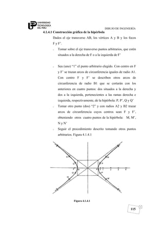 DIBUJO DE INGENIERÍA
115
4.1.4.1 Construcción gráfica de la hipérbola
Dados el eje transverso AB, los vértices A y B y los focos
F y F’.
o Tomar sobre el eje transverso puntos arbitrarios, que estén
situados a la derecha de F o a la izquierda de F’
o Sea (uno) “1” el punto arbitrario elegido. Con centro en F
y F’ se trazan arcos de circunferencia iguales de radio A1.
Con centro F y F’ se describen otros arcos de
circunferencia de radio B1 que se cortarán con los
anteriores en cuatro puntos: dos situados a la derecha y
dos a la izquierda, pertenecientes a las ramas derecha e
izquierda, respectivamente, de la hipérbola: P, P’, Q y Q’
o Tomar otro punto (dos) “2” y con radios A2 y B2 trazar
arcos de circunferencia cuyos centros sean F y F’,
obteniendo otros cuatro puntos de la hipérbola: M, M’,
N y N’
o Seguir el procedimiento descrito tomando otros puntos
arbitrarios. Figura 4.1.4.1
Figura 4.1.4.1
 