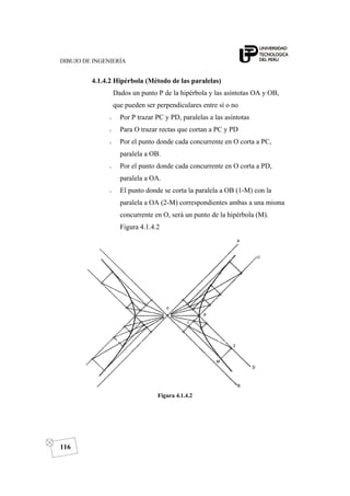 DIBUJO DE INGENIERÍA
116
4.1.4.2 Hipérbola (Método de las paralelas)
Dados un punto P de la hipérbola y las asíntotas OA y OB,
que pueden ser perpendiculares entre sí o no
o Por P trazar PC y PD, paralelas a las asíntotas
o Para O trazar rectas que cortan a PC y PD
o Por el punto donde cada concurrente en O corta a PC,
paralela a OB.
o Por el punto donde cada concurrente en O corta a PD,
paralela a OA.
o El punto donde se corta la paralela a OB (1-M) con la
paralela a OA (2-M) correspondientes ambas a una misma
concurrente en O, será un punto de la hipérbola (M).
Figura 4.1.4.2
Figura 4.1.4.2
 