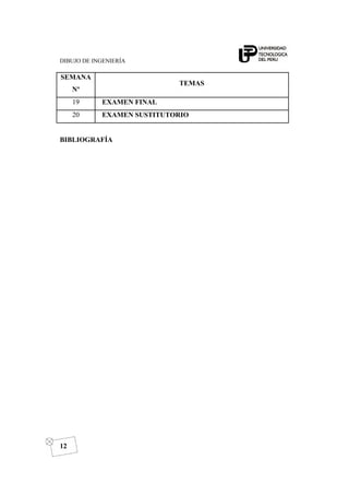 DIBUJO DE INGENIERÍA
12
SEMANA
Nº
TEMAS
19 EXAMEN FINAL
20 EXAMEN SUSTITUTORIO
BIBLIOGRAFÍA
 