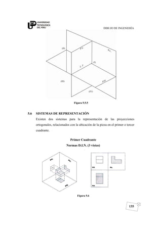 DIBUJO DE INGENIERÍA
135
Figura 5.5.5
5.6 SISTEMAS DE REPRESENTACIÓN
Existen dos sistemas para la representación de las proyecciones
ortogonales, relacionados con la ubicación de la pieza en el primer o tercer
cuadrante.
Primer Cuadrante
Normas D.I.N. (3 vistas)
Figura 5.6
 