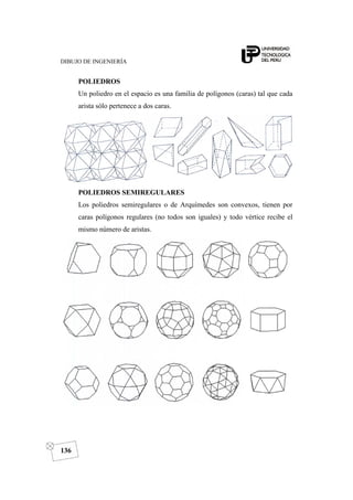 DIBUJO DE INGENIERÍA
136
POLIEDROS
Un poliedro en el espacio es una familia de polígonos (caras) tal que cada
arista sólo pertenece a dos caras.
POLIEDROS SEMIREGULARES
Los poliedros semiregulares o de Arquímedes son convexos, tienen por
caras polígonos regulares (no todos son iguales) y todo vértice recibe el
mismo número de aristas.
 