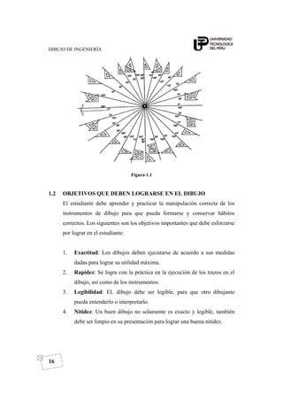 DIBUJO DE INGENIERÍA
16
Figura 1.1
1.2 OBJETIVOS QUE DEBEN LOGRARSE EN EL DIBUJO
El estudiante debe aprender y practicar la manipulación correcta de los
instrumentos de dibujo para que pueda formarse y conservar hábitos
correctos. Los siguientes son los objetivos importantes que debe esforzarse
por lograr en el estudiante:
1. Exactitud: Los dibujos deben ejecutarse de acuerdo a sus medidas
dadas para lograr su utilidad máxima.
2. Rapidez: Se logra con la práctica en la ejecución de los trazos en el
dibujo, así como de los instrumentos.
3. Legibilidad: EL dibujo debe ser legible, para que otro dibujante
pueda entenderlo o interpretarlo.
4. Nitidez: Un buen dibujo no solamente es exacto y legible, también
debe ser limpio en su presentación para lograr una buena nitidez.
 