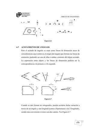 DIBUJO DE INGENIERÍA
173
Figura 6.6
6.7 ACOTAMIENTO DE ANGULOS
Para el acotado de ángulos se usan como líneas de dimensión arcos de
circunferencia cuyo centro es el origen del ángulo que forman las líneas de
extensión, pudiendo ser una de ellas o ambas, contorno del objeto acotado.
La separación entre objeto y las líneas de dimensión pudiera ser la
correspondencia a la primera o a la segunda.
Figura 6.7
Cuando se dan forman no ortogonales, pueden acotarse dicha variación a
través de un ángulo y una longitud (cateto o hipotenusa) o de 2 longitudes,
siendo más conveniente si estos son dos catetos. Ver Figura 6.7
 