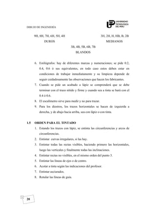 DIBUJO DE INGENIERÍA
20
9H, 8H, 7H, 6H, 5H, 4H
DUROS
3H, 2H, H, HB, B, 2B
MEDIANOS
3B, 4B, 5B, 6B, 7B
BLANDOS
6. Estilógrafos: hay de diferentes marcas y numeraciones; se pide 0.2,
0.4, 0.6 ó sus equivalentes, en todo caso estos deben estar en
condiciones de trabajar inmediatamente y su limpieza depende de
seguir cuidadosamente las observaciones que hacen los fabricantes.
7. Cuando se pide un acabado a lápiz se comprenderá que se debe
terminar con el trazo nítido y firme y cuando sea a tinta se hará con el
0.4 ó 0.6.
8. El escalímetro sirve para medir y no para trazar.
9. Para los diestros, los trazos horizontales se hacen de izquierda a
derecha, y de abajo hacia arriba, sea con lápiz o con tinta.
1.5 ORDEN PARA EL TINTADO
1. Estando los trazos con lápiz, se entinta las circunferencias y arcos de
circunferencias.
2. Entintar curvas irregulares, si las hay.
3. Entintar todas las rectas visibles, haciendo primero las horizontales,
luego las verticales y finalmente todas las inclinaciones.
4. Entintar rectas no visibles, en el mismo orden del punto 3.
5. Entintar las líneas de ejes o de centro.
6. Acotar a tinta según las indicaciones del profesor.
7. Entintar asciurados.
8. Rotular las líneas de guía.
 