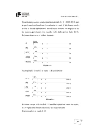 DIBUJO DE INGENIERÍA
39
Sin embargo podemos tener escalar por ejemplo 1:10, 1:1000, 1:0.1, que
se puede medir utilizando en el escalímetro la escala 1:100; lo que sucede
es que la unidad representativa en esa escala no varía con respecto a las
del ejemplo, pero tienen otras medidas reales dados por un factor de 10.
Podemos observar en el gráfico siguiente:
1:1
1:10
1:100
1:1000
1:10000 0 1 2 3
0 1 2 3
0 1 2 3
0 1 2 3
0 1 2 3
100m
10m
1m
0.1m
0.01m
30
30
30
30
30
Figura 2.4.1
Análogamente si usamos la escala 1:75 (escala base)
1:0.75
1:75
1:75
1:750
1:7500 0 1 2 3
0 1 2 3
0 1 2 3
0 1 2 3
0 1 2 3
100m
10m
1m
0.1m
0.01m
22 22.5
22 22.5
22 22.5
22 22.5
22 22.5
Figura 2.4.2
Podemos ver que en la escala 1:75, la unidad representa 1m en esa escala;
1:750 representa 10m en esa escala y así sucesivamente.
Usaremos ahora la escala 1:125
 