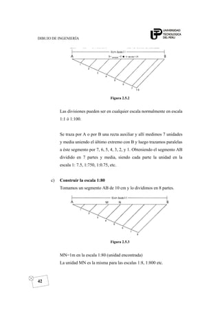 DIBUJO DE INGENIERÍA
42
Figura 2.5.2
Las divisiones pueden ser en cualquier escala normalmente en escala
1:1 ó 1:100.
Se traza por A o por B una recta auxiliar y allí medimos 7 unidades
y media uniendo el último extremo con B y luego trazamos paralelas
a éste segmento por 7, 6, 5, 4, 3, 2, y 1. Obteniendo el segmento AB
dividido en 7 partes y media, siendo cada parte la unidad en la
escala 1: 7.5, 1:750, 1:0.75, etc.
c) Construir la escala 1:80
Tomamos un segmento AB de 10 cm y lo dividimos en 8 partes.
Figura 2.5.3
MN=1m en la escala 1:80 (unidad encontrada)
La unidad MN es la misma para las escalas 1:8, 1:800 etc.
 