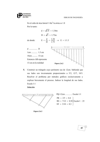 DIBUJO DE INGENIERÍA
45
En el cubo de área lateral 1.8m2
la arista es 1.8
Por lo tanto:
1.34m1.8d ==
1.73m3D ==
de donde: 1/1.3E
1.73
1.34
D
d
E =→==
d ................ D
1cm ............ 1.3 cm
10cm .......... 13 cm
Entonces AB representa
13 cm en la realidad
5. Construir un triángulo cuyo perímetro sea de 12cm. Sabiendo que
sus lados son inversamente proporcionales a 5/2, 12/7, 10/3.
Resolver el problema por métodos gráficos exclusivamente y
explicar brevemente el proceso. Indicar la longitud de sus lados.
Escala 1:1
Solución
Figura 2.6.3
PQ=12cm ……….. Escala 1:1
25:1Escala
0.33/10ST
0.587/12RS
0.42/5PR
⎪
⎭
⎪
⎬
⎫
==
==
==
Figura 2.6.2
 